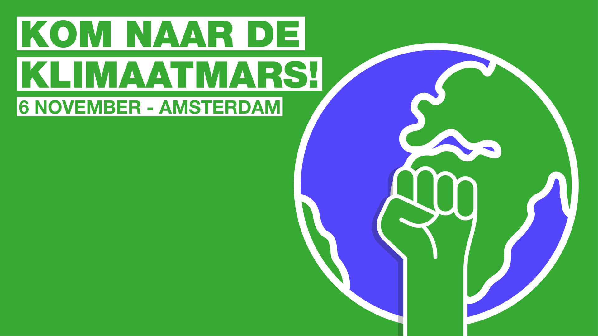 Banner oproep Kom naar de Klimaatmars (groen met blauwe globe)